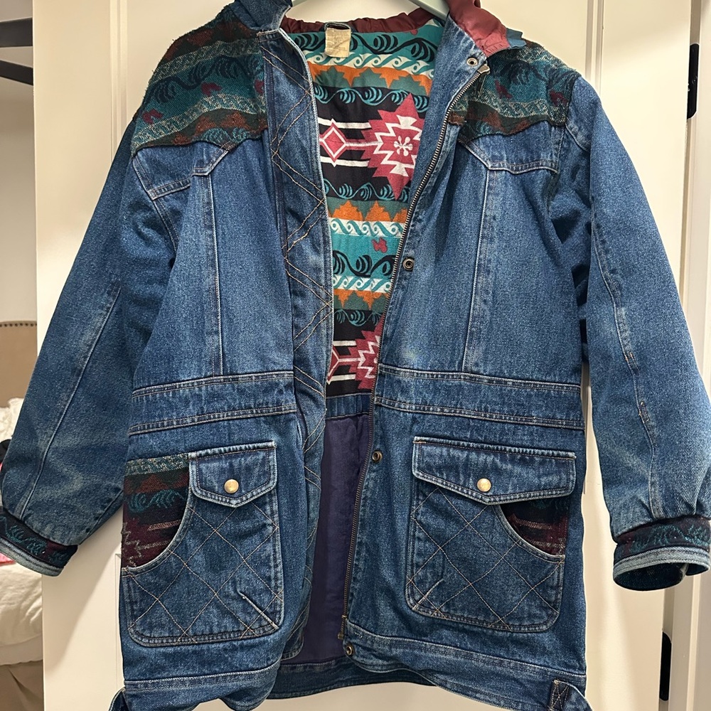 Vintage OutBrook Blue Denim Jacket with Patterned Details